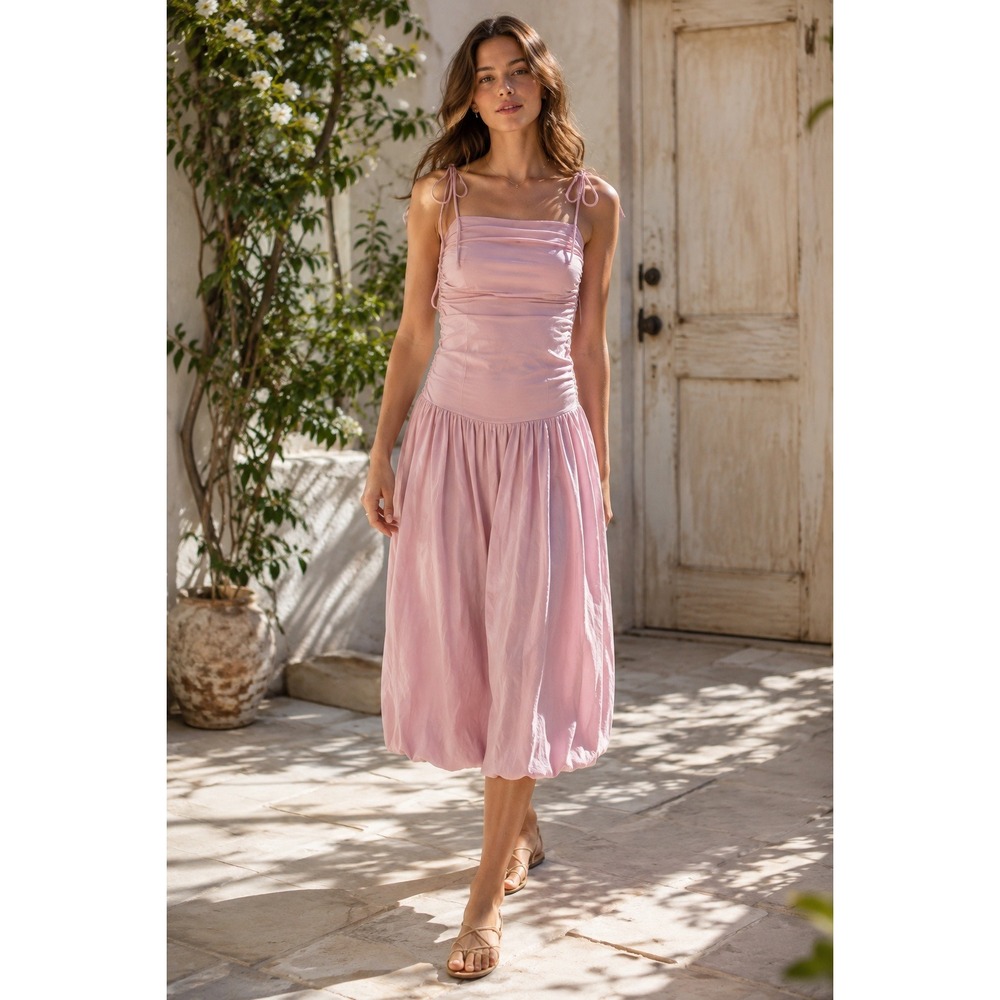 Free People FP Beach Pink Festival Bloom Ruched Bubble‎ Hem Midi Dress XL NEW